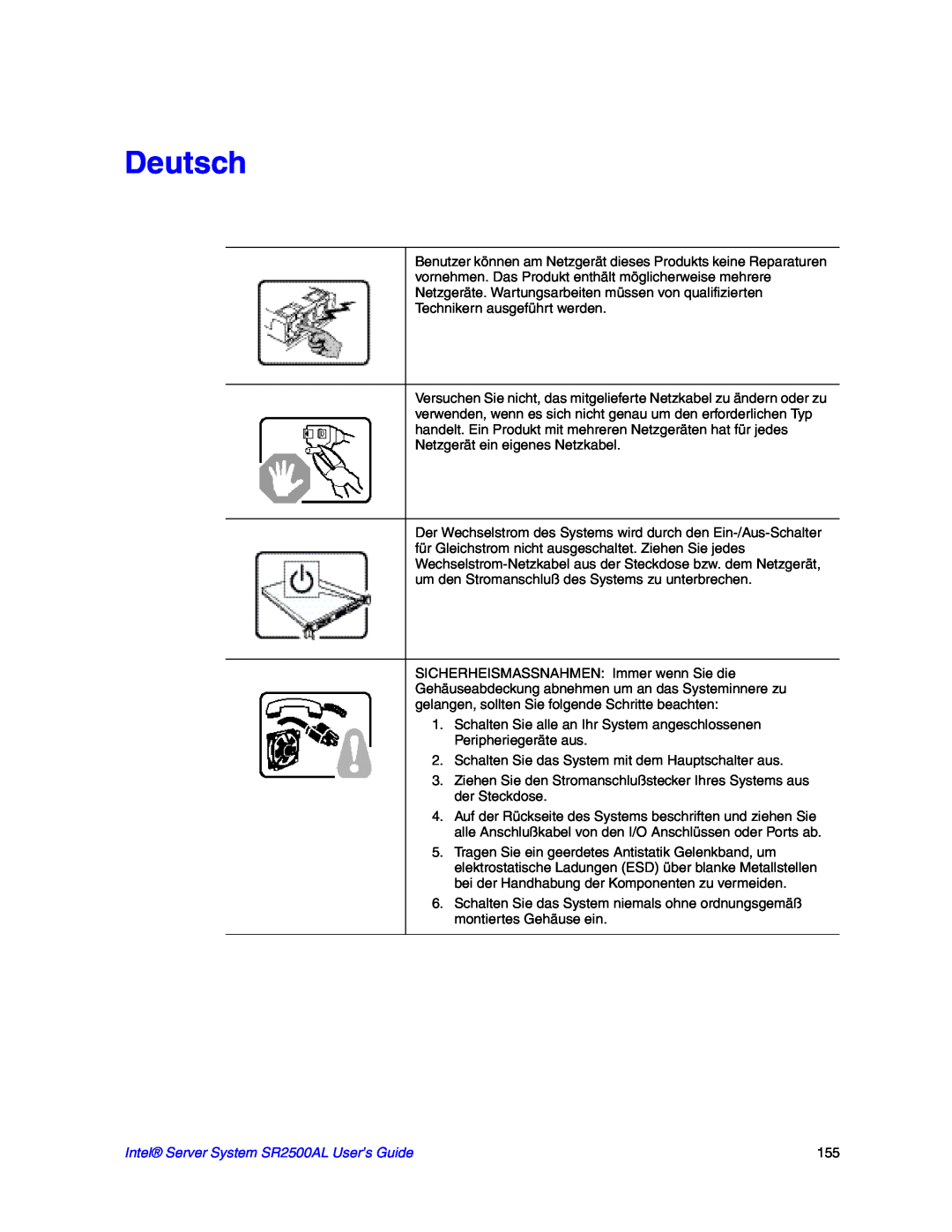Intel manual Deutsch, Intel Server System SR2500AL User’s Guide 