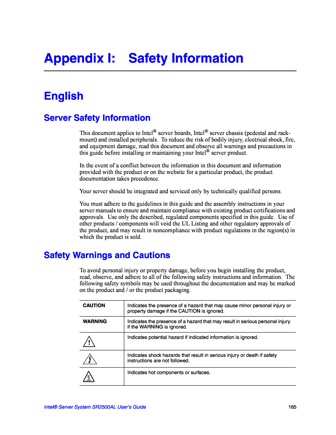 Intel SR2500AL manual Appendix I Safety Information, Server Safety Information, Safety Warnings and Cautions, English 