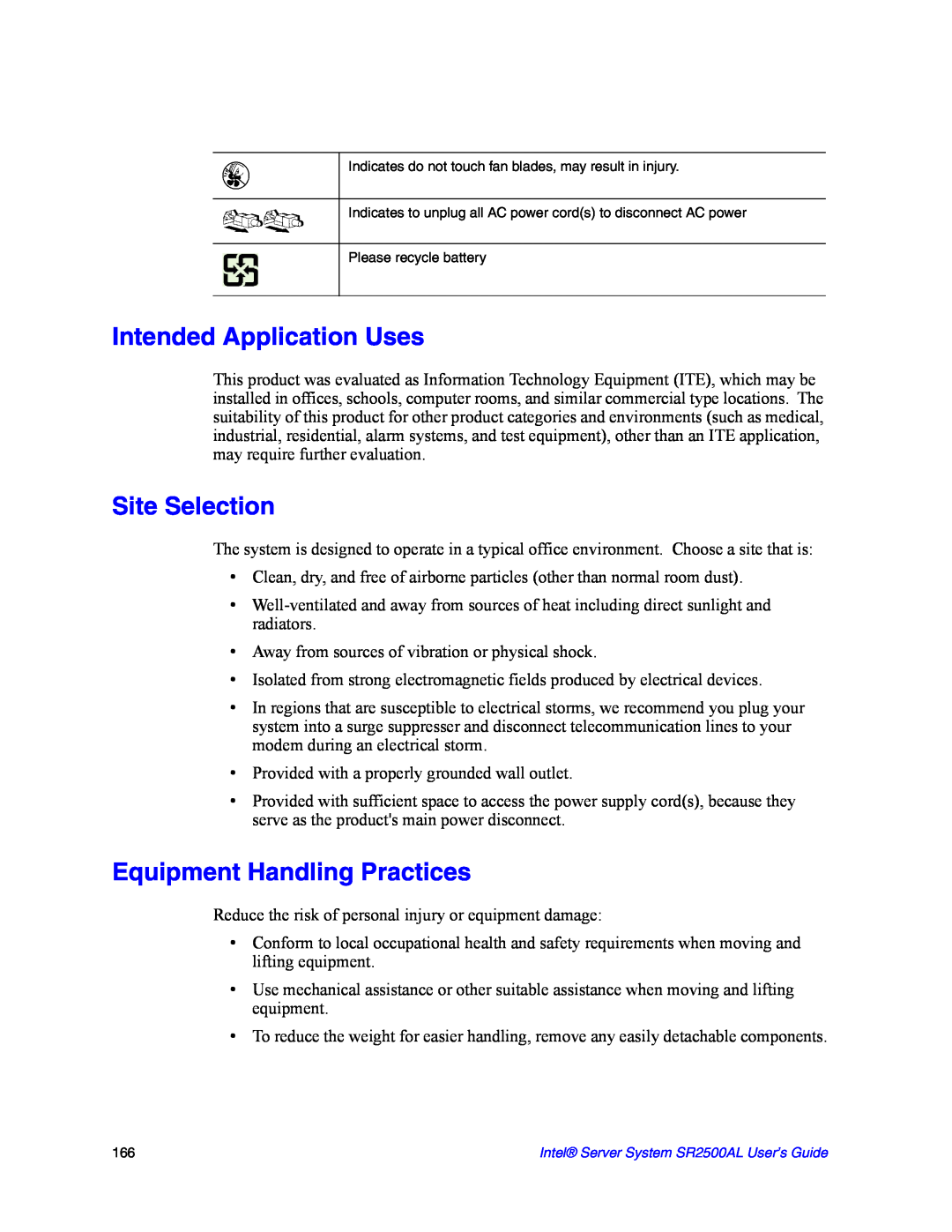 Intel SR2500AL manual Intended Application Uses, Site Selection, Equipment Handling Practices 