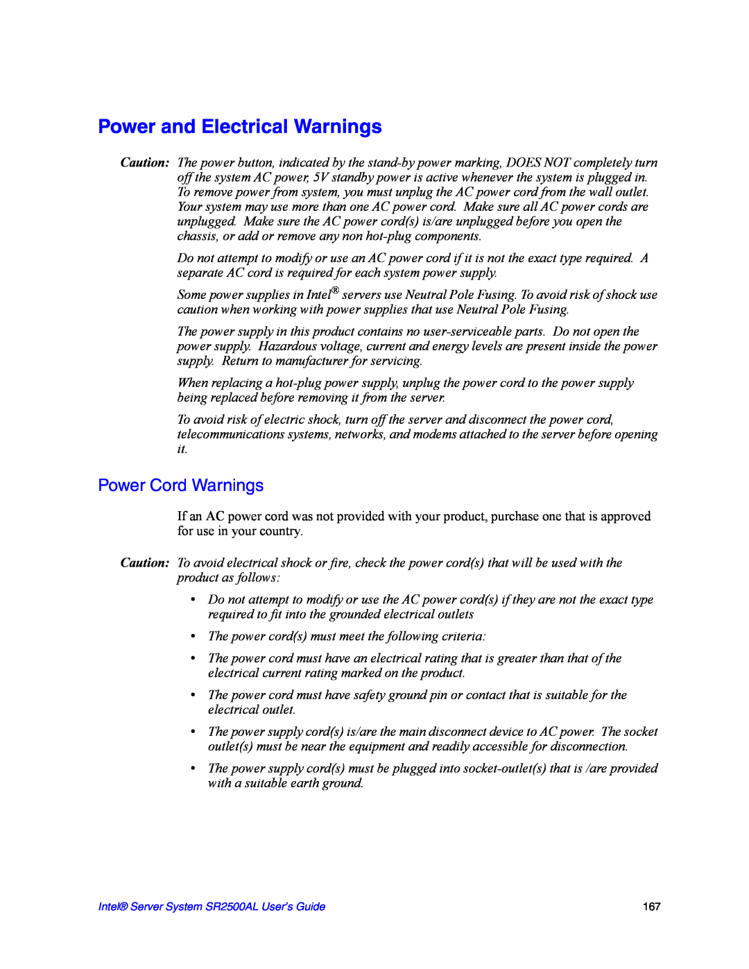 Intel SR2500AL manual Power and Electrical Warnings, Power Cord Warnings 