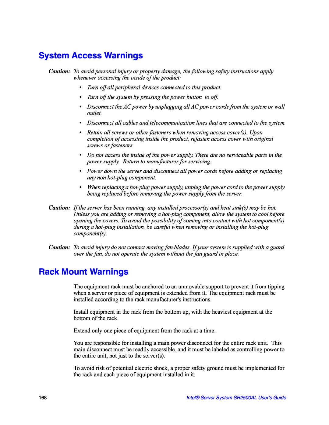 Intel SR2500AL manual System Access Warnings, Rack Mount Warnings 