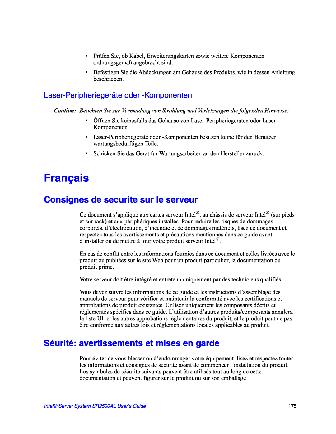 Intel SR2500AL manual Consignes de securite sur le serveur, Séurité avertissements et mises en garde, Français 