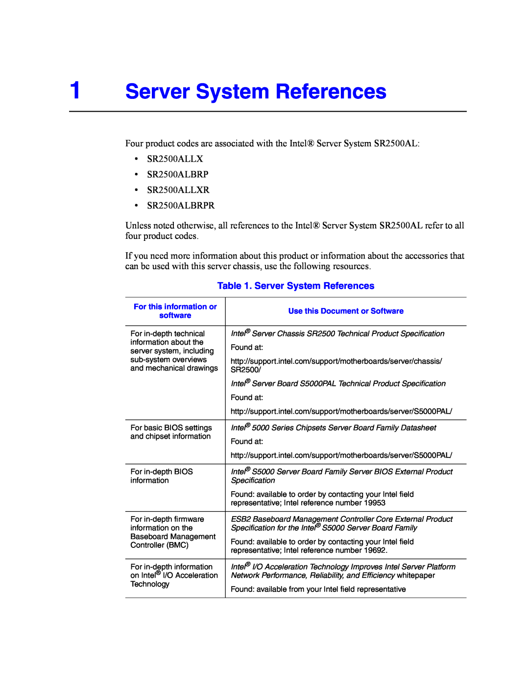 Intel SR2500AL manual Server System References 