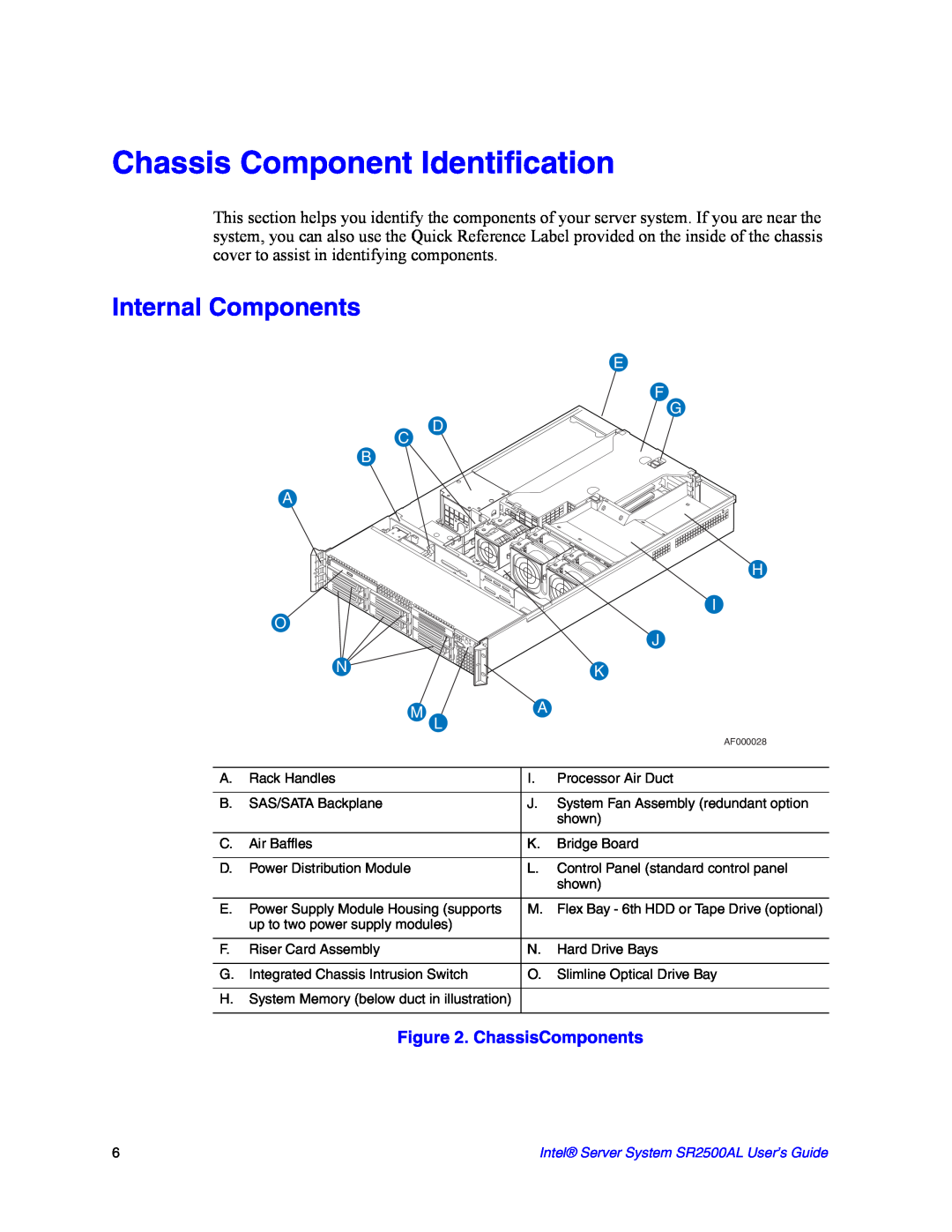 Intel SR2500AL manual Chassis Component Identification, Internal Components, ChassisComponents, M L 