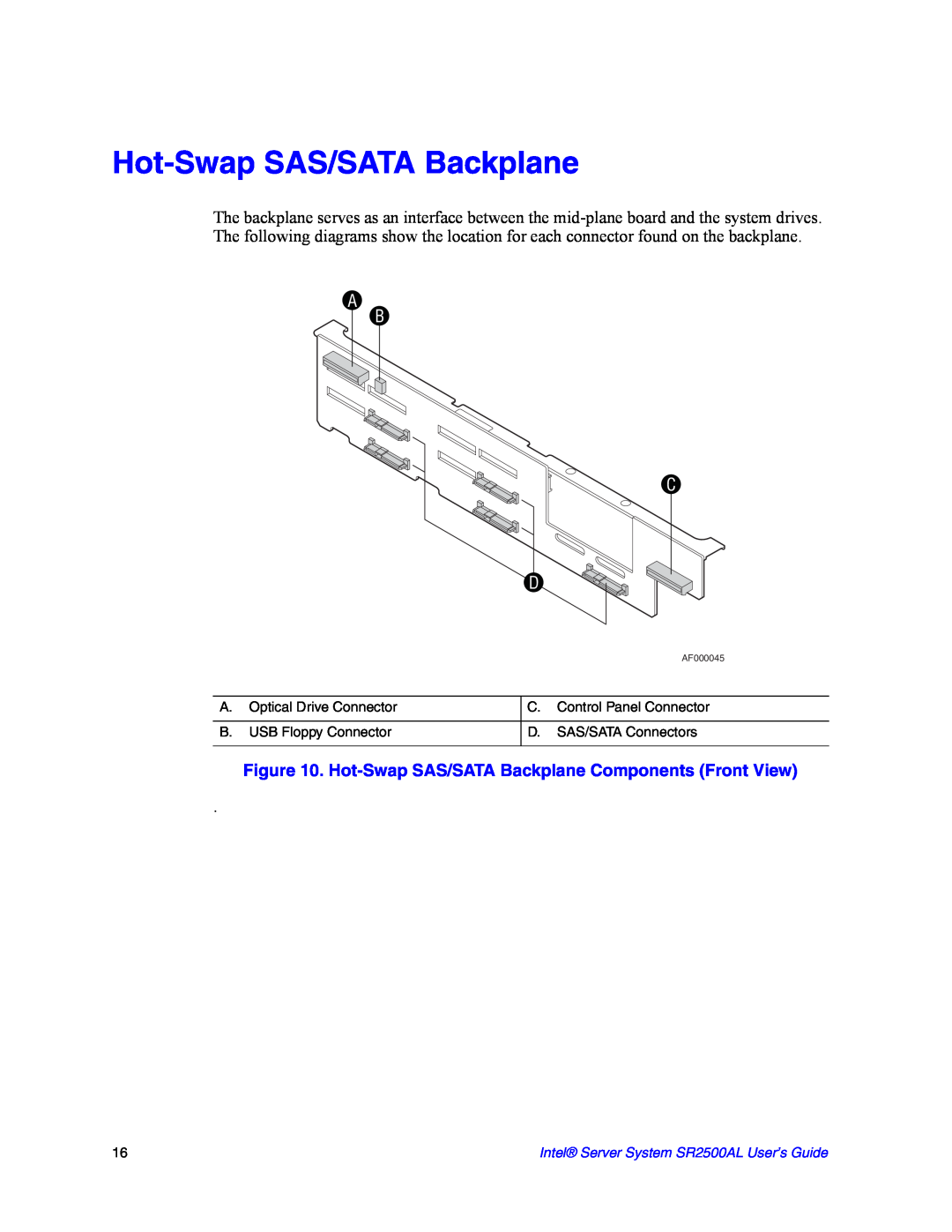 Intel manual A B C D, Hot-Swap SAS/SATA Backplane Components Front View, Intel Server System SR2500AL User’s Guide 
