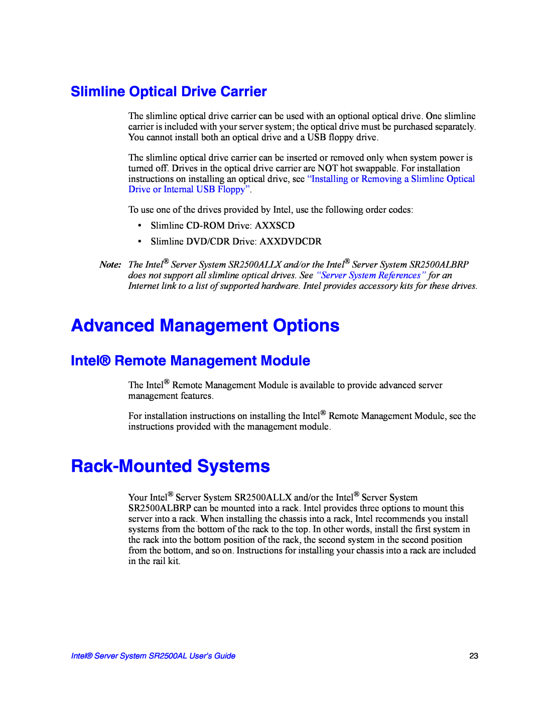 Intel SR2500AL manual Advanced Management Options, Rack-Mounted Systems, Slimline Optical Drive Carrier 