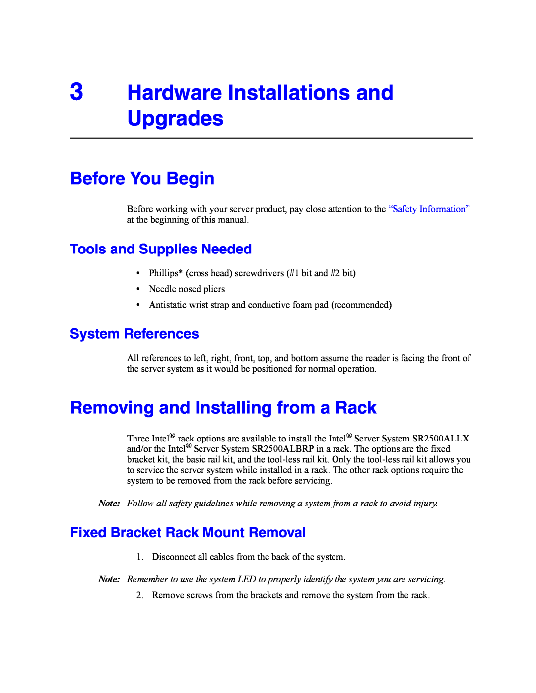 Intel SR2500AL manual Hardware Installations and Upgrades, Before You Begin, Removing and Installing from a Rack 