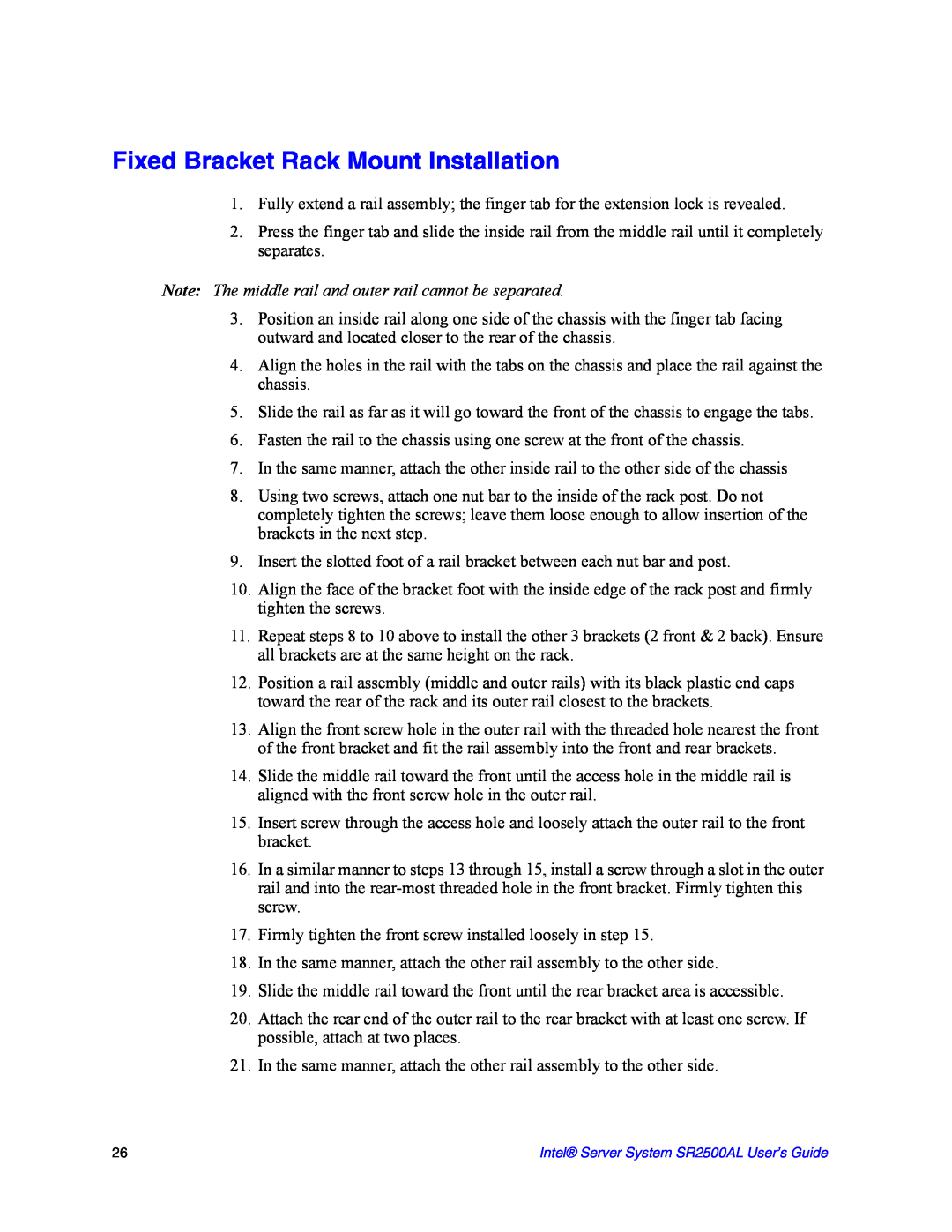 Intel SR2500AL manual Fixed Bracket Rack Mount Installation 