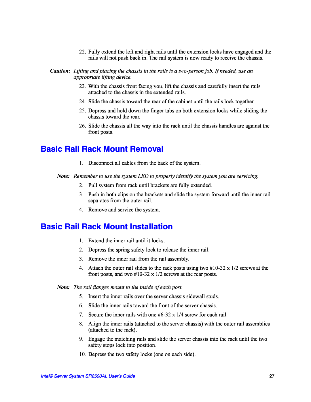 Intel SR2500AL manual Basic Rail Rack Mount Removal, Basic Rail Rack Mount Installation 