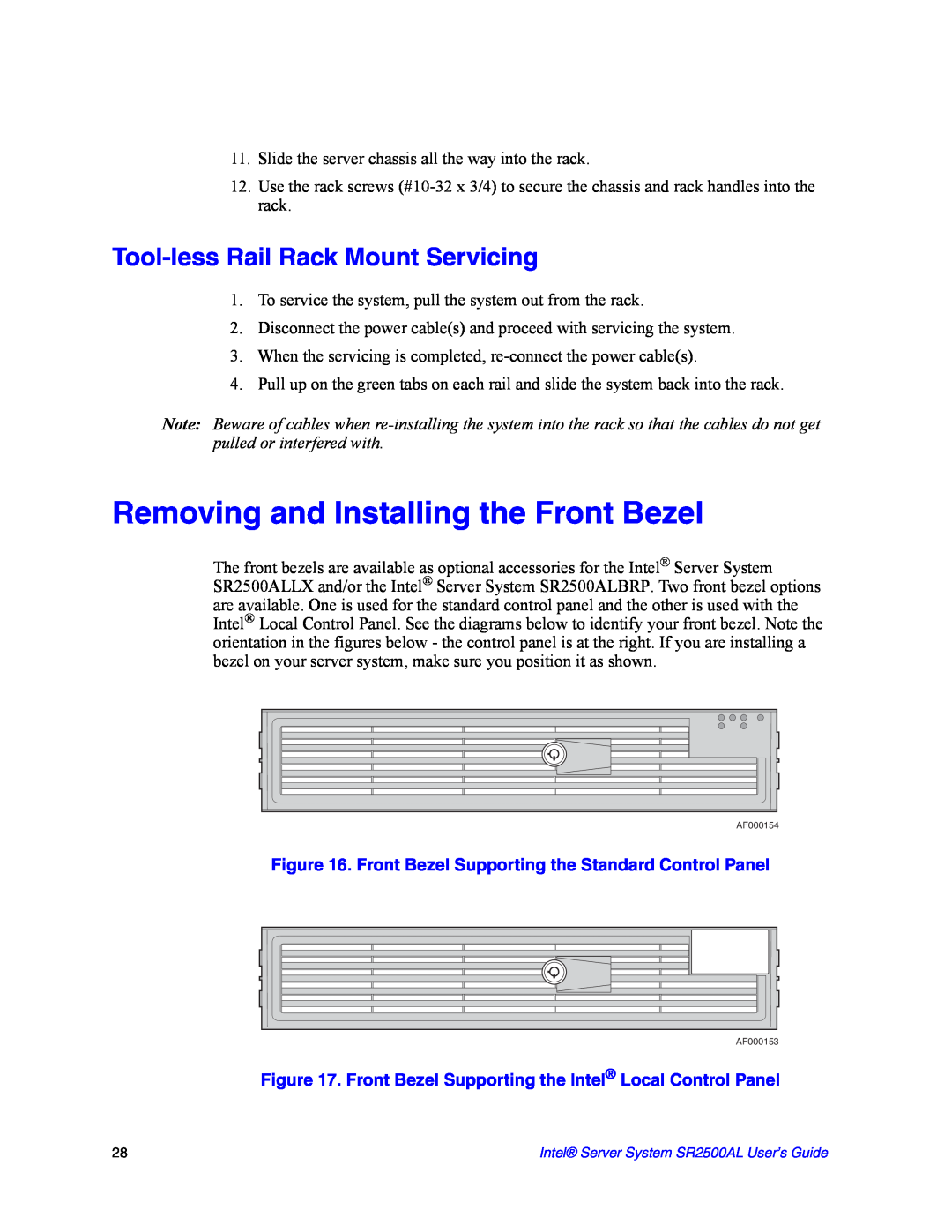 Intel SR2500AL manual Removing and Installing the Front Bezel, Tool-less Rail Rack Mount Servicing 