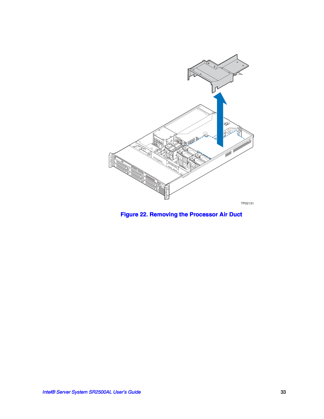 Intel manual Removing the Processor Air Duct, Intel Server System SR2500AL User’s Guide, TP02131 