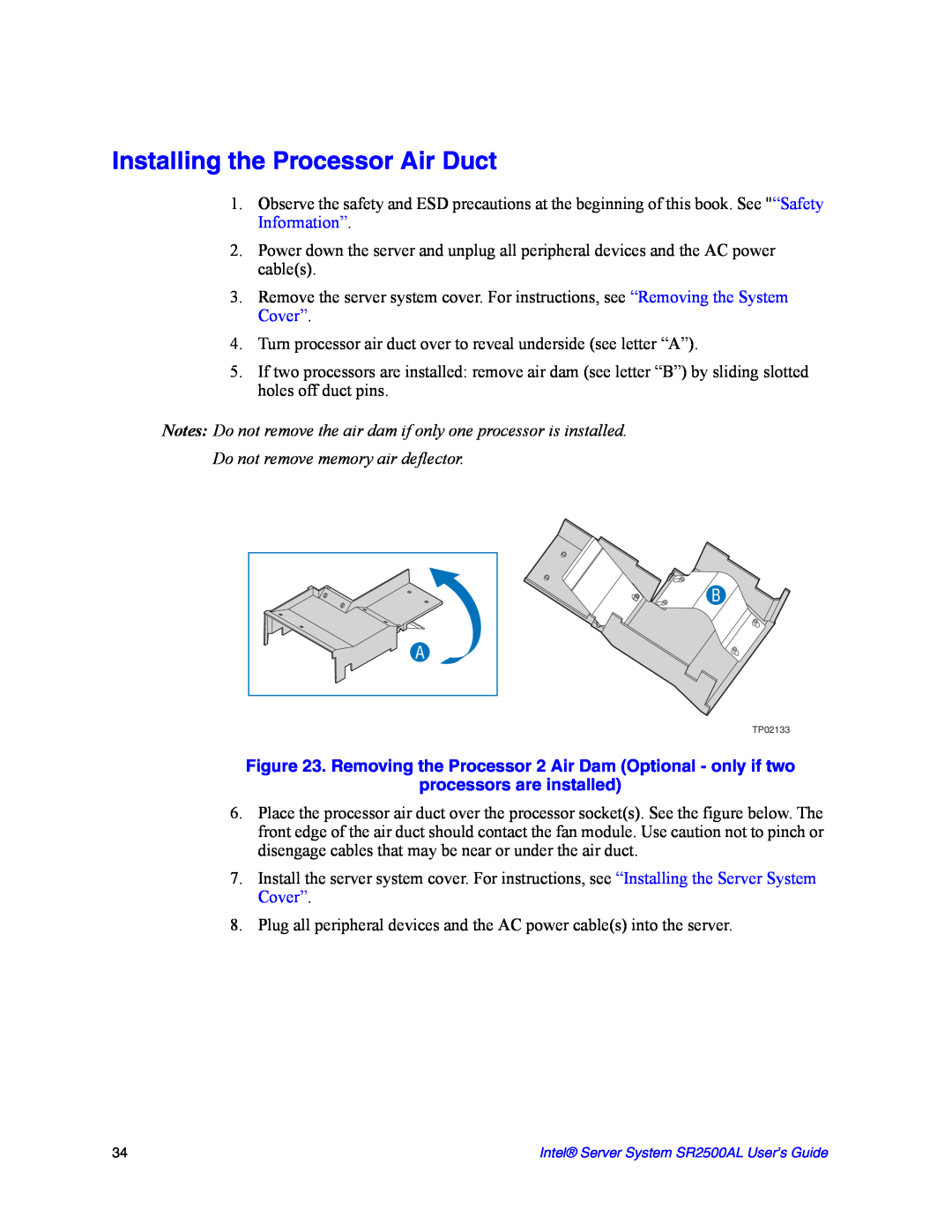 Intel SR2500AL manual Installing the Processor Air Duct, Removing the Processor 2 Air Dam Optional - only if two 