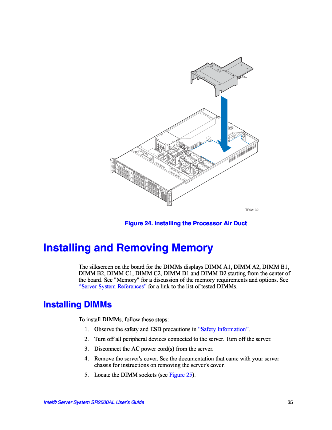 Intel SR2500AL manual Installing and Removing Memory, Installing DIMMs, Installing the Processor Air Duct 