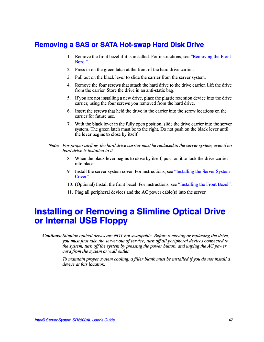 Intel SR2500AL manual Removing a SAS or SATA Hot-swap Hard Disk Drive 