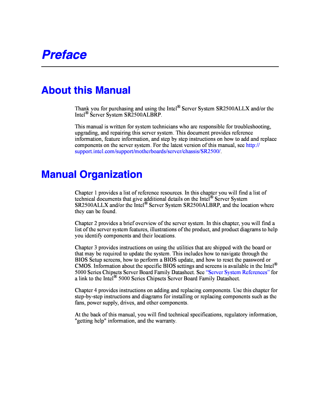 Intel SR2500AL manual Preface, About this Manual, Manual Organization 