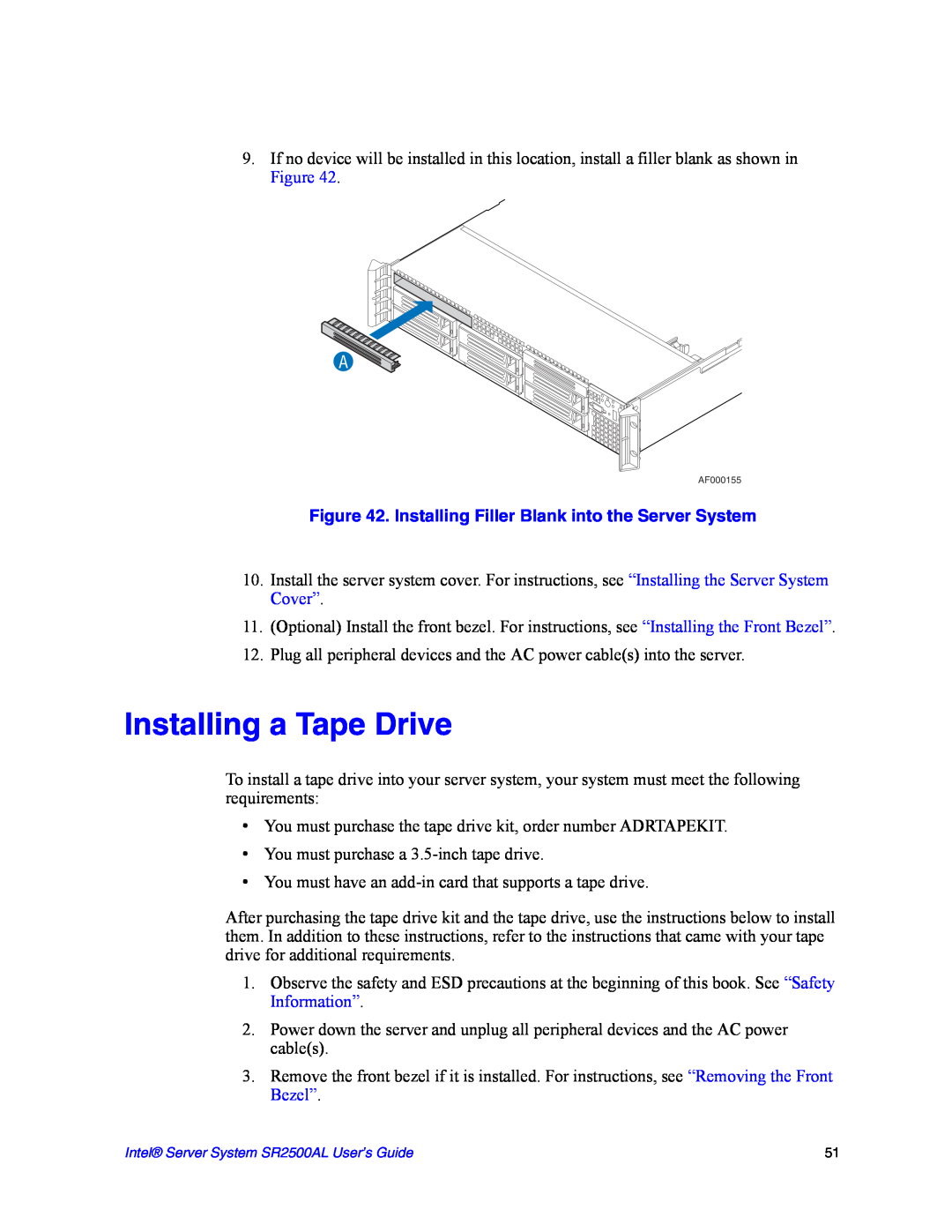 Intel SR2500AL manual Installing a Tape Drive, Installing Filler Blank into the Server System 