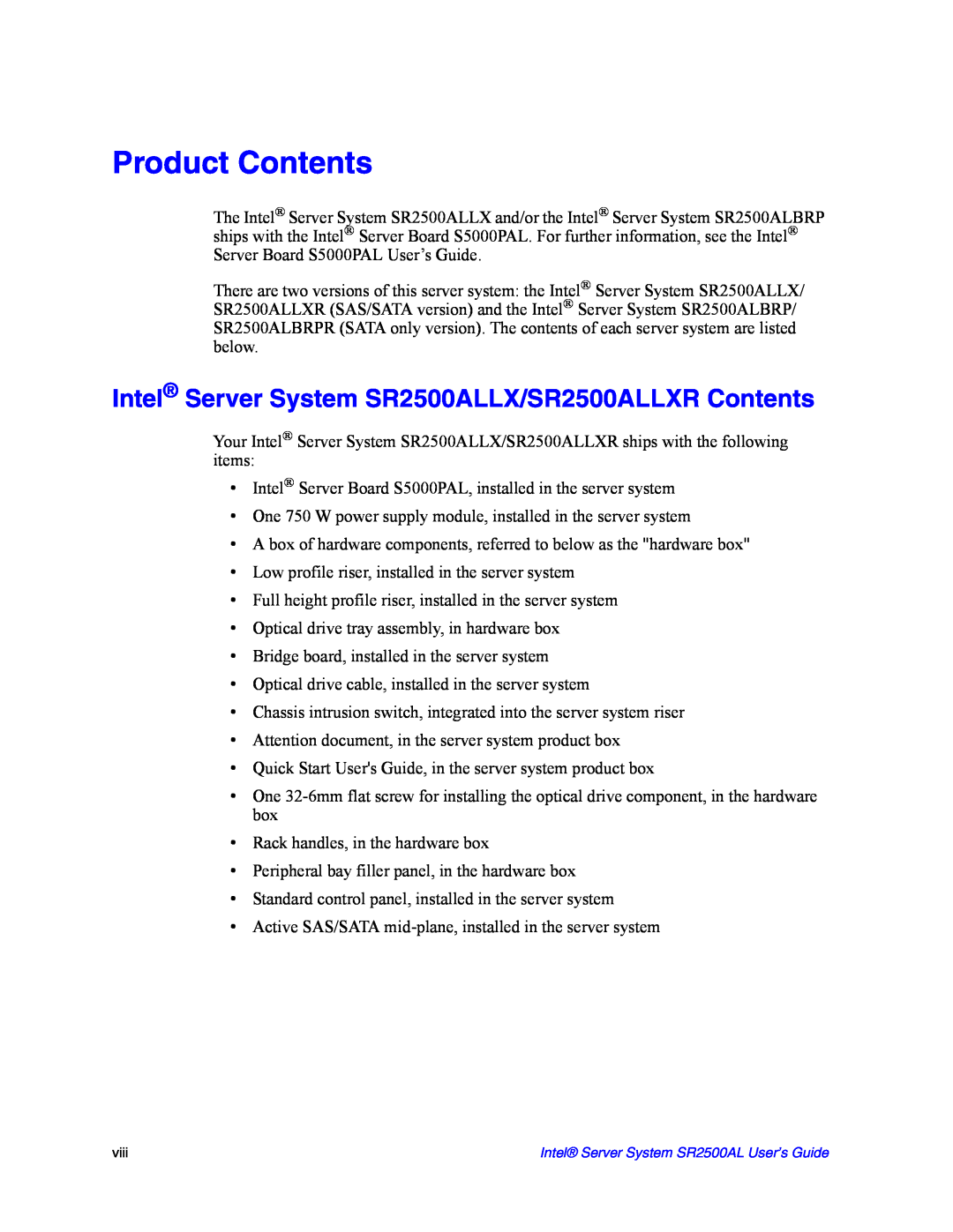 Intel manual Product Contents, Intel Server System SR2500ALLX/SR2500ALLXR Contents 