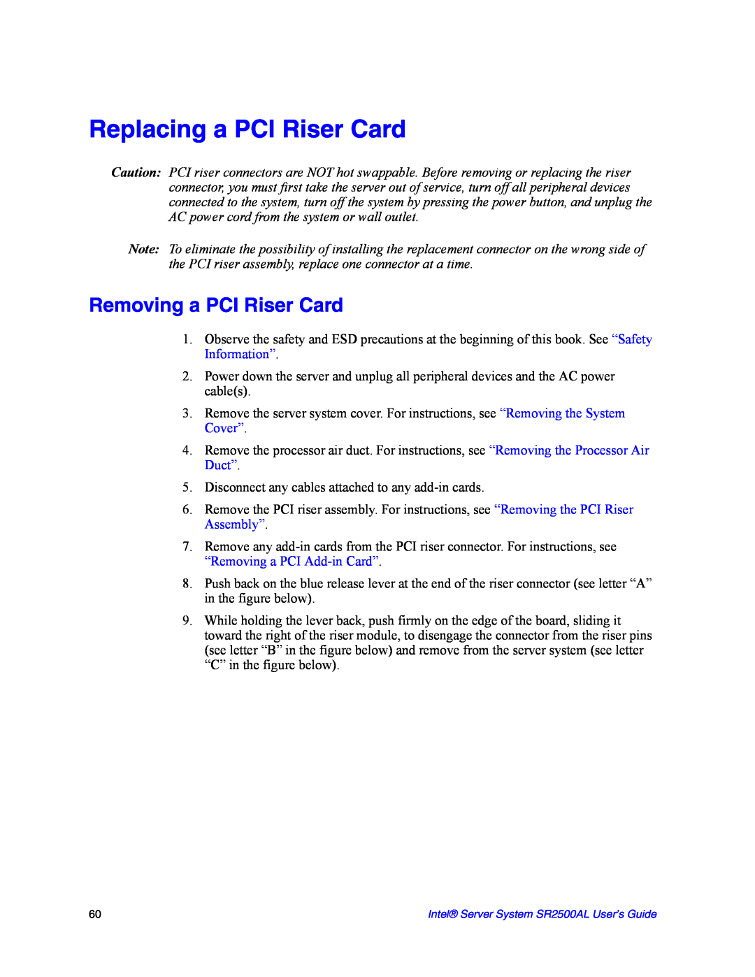 Intel SR2500AL manual Replacing a PCI Riser Card, Removing a PCI Riser Card 