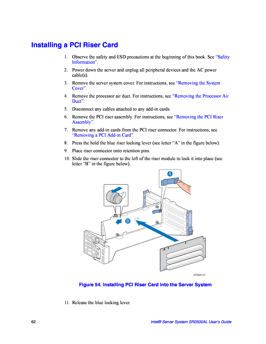 Intel SR2500AL manual Installing a PCI Riser Card, Installing PCI Riser Card into the Server System 