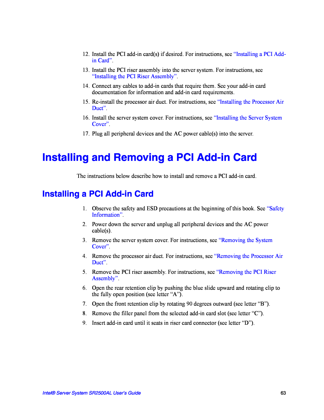 Intel SR2500AL manual Installing and Removing a PCI Add-in Card, Installing a PCI Add-in Card 