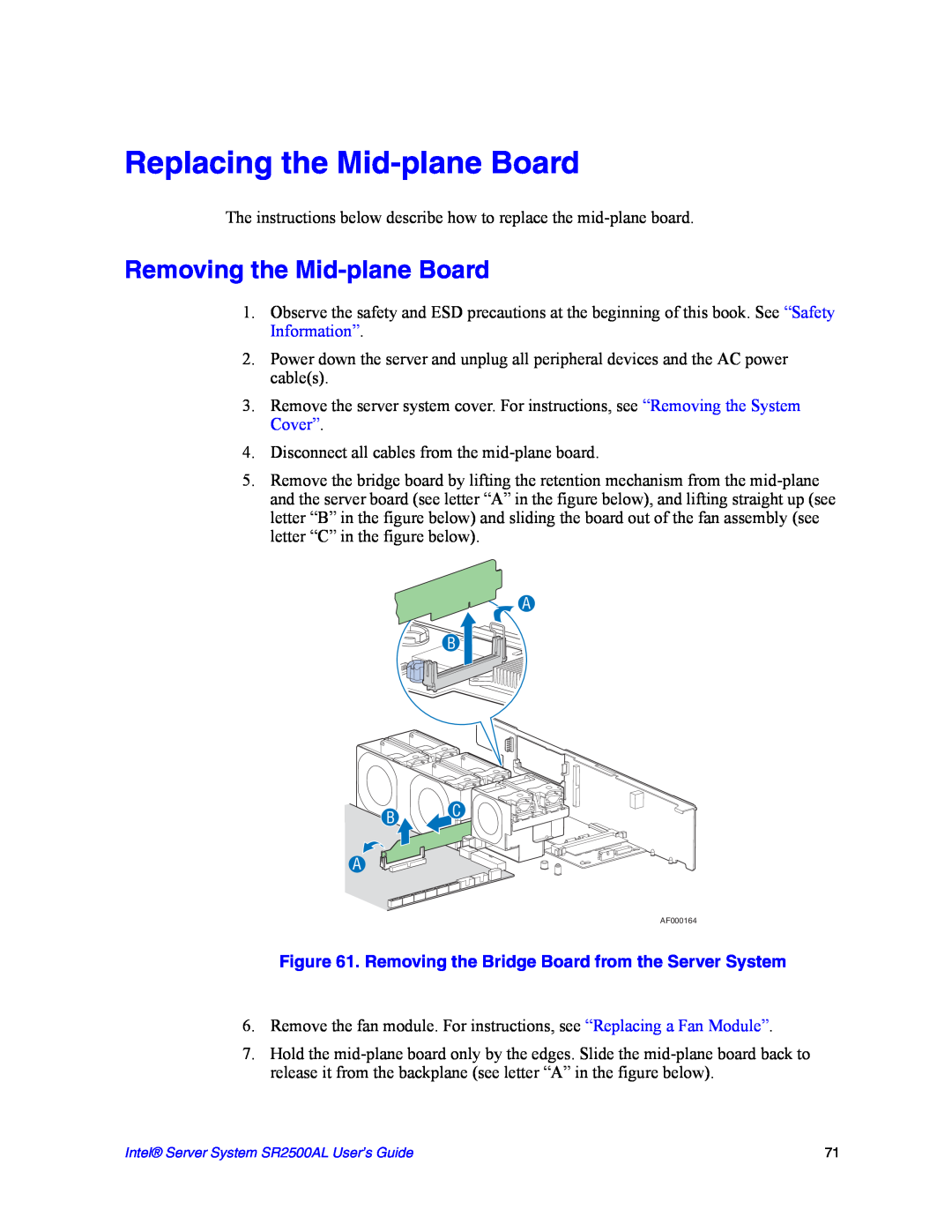 Intel SR2500AL manual Replacing the Mid-plane Board, Removing the Mid-plane Board 