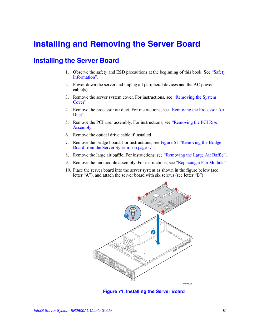 Intel SR2500AL manual Installing and Removing the Server Board, Installing the Server Board 