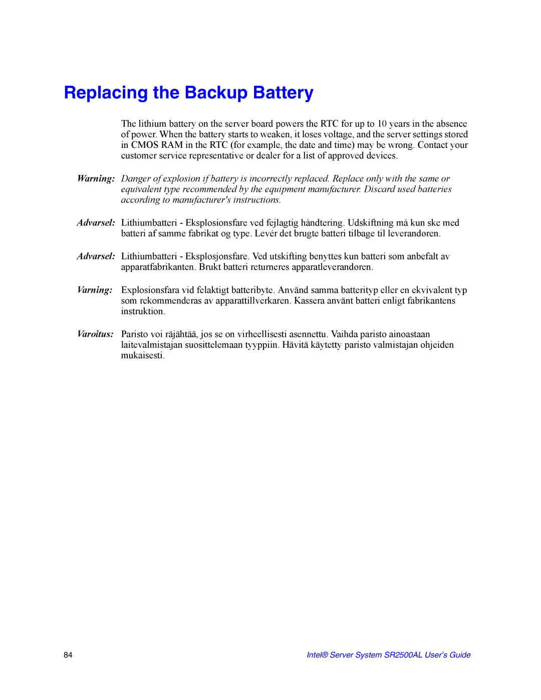 Intel SR2500AL manual Replacing the Backup Battery 