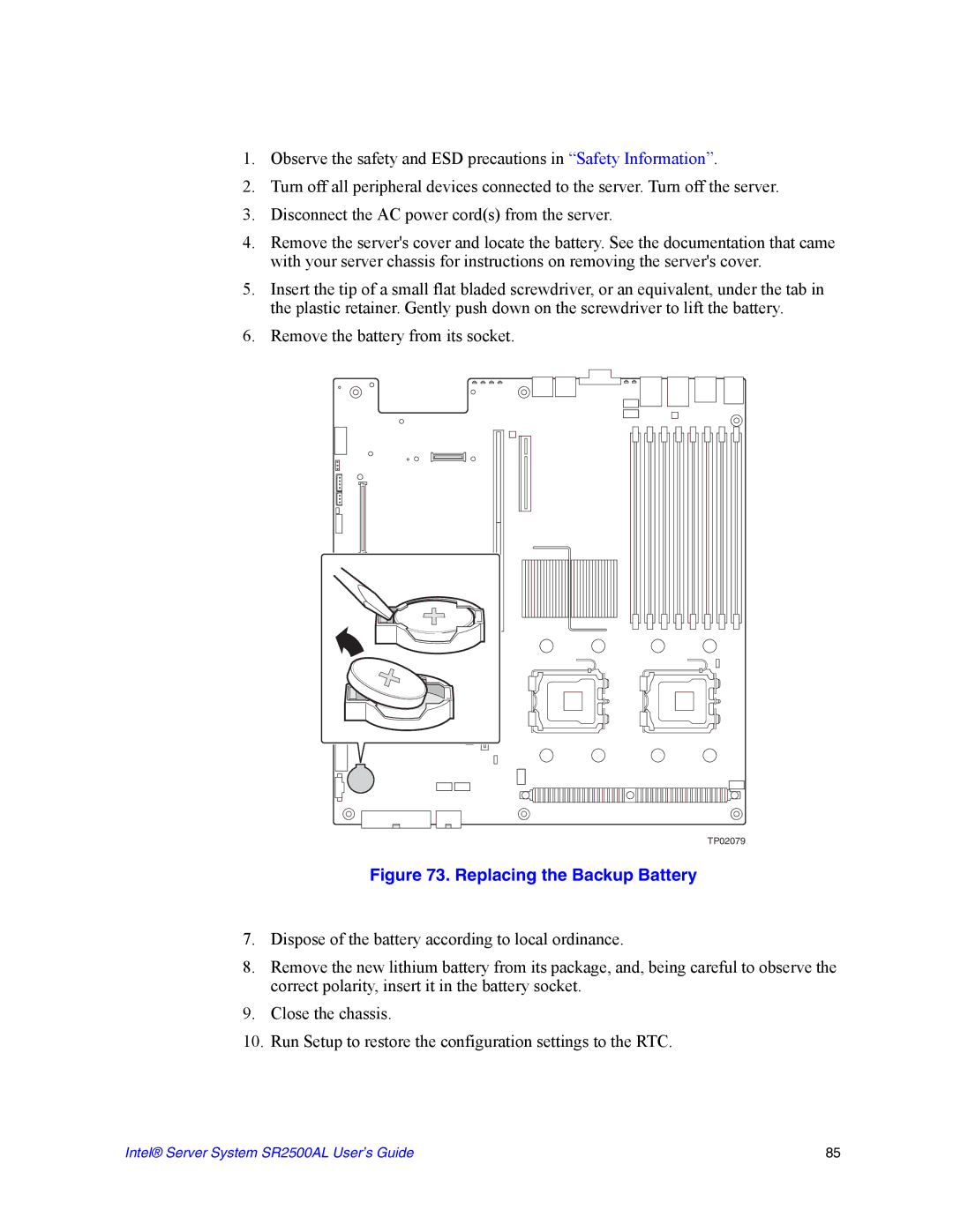 Intel SR2500AL manual Replacing the Backup Battery 