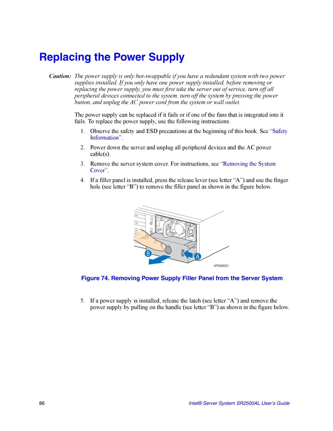 Intel SR2500AL manual Replacing the Power Supply, Removing Power Supply Filler Panel from the Server System 