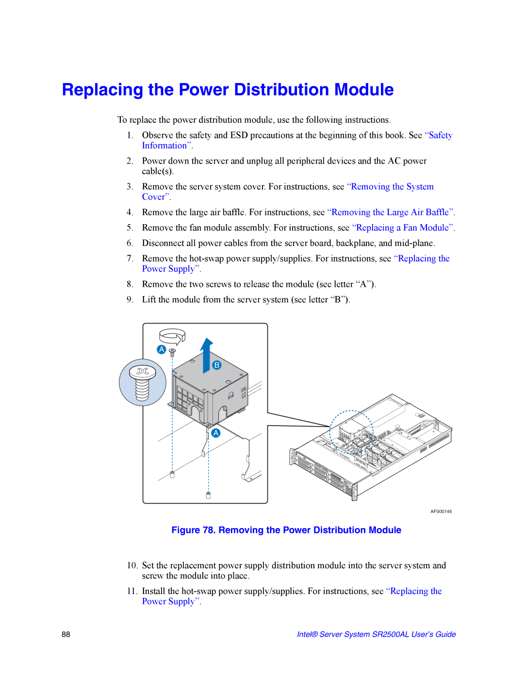 Intel SR2500AL manual Replacing the Power Distribution Module, Removing the Power Distribution Module 