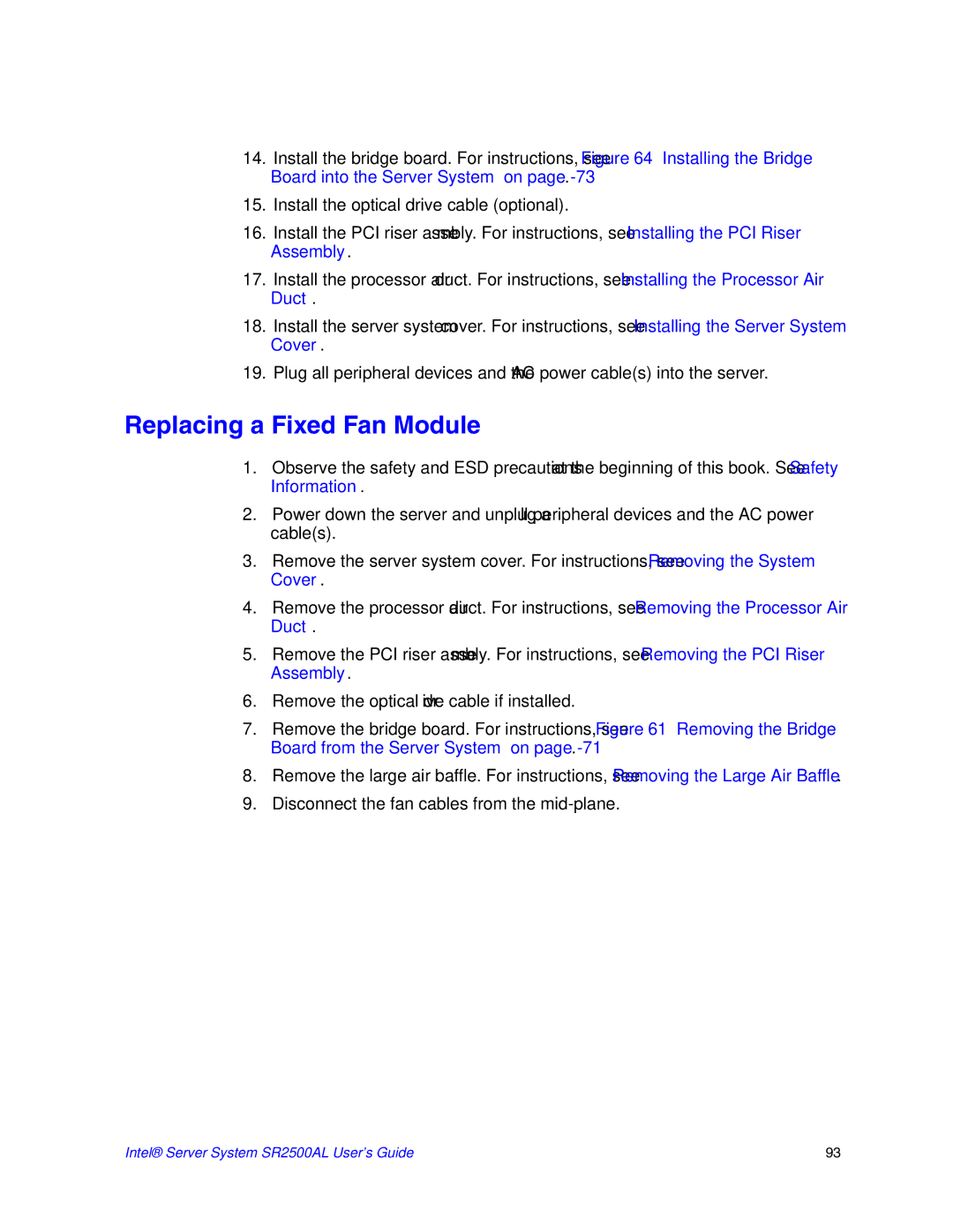 Intel SR2500AL manual Replacing a Fixed Fan Module 