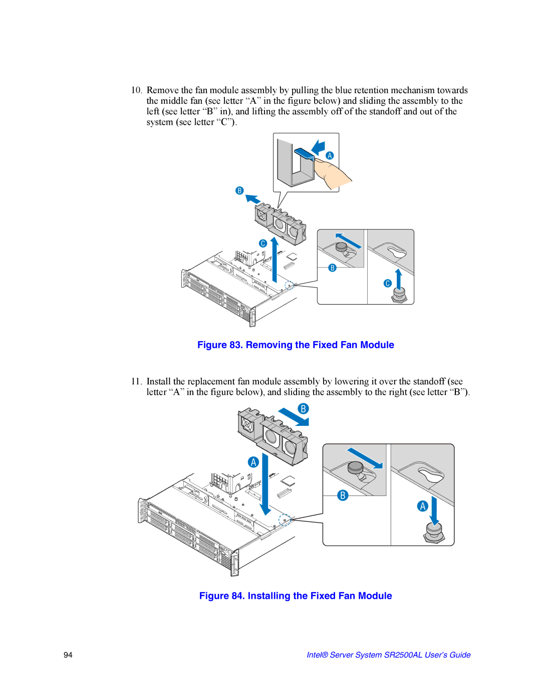 Intel SR2500AL manual Removing the Fixed Fan Module 