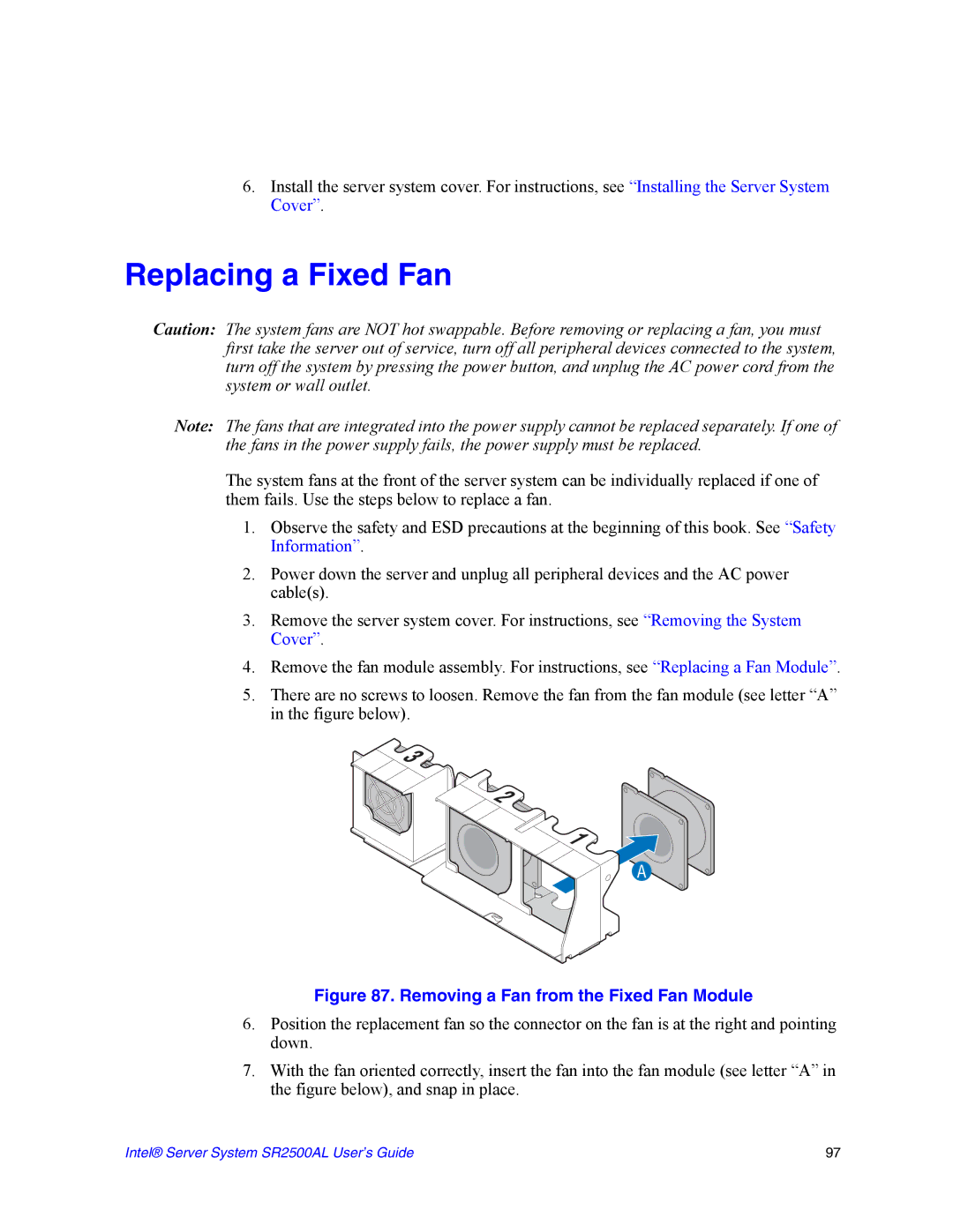 Intel SR2500AL manual Replacing a Fixed Fan, Removing a Fan from the Fixed Fan Module 