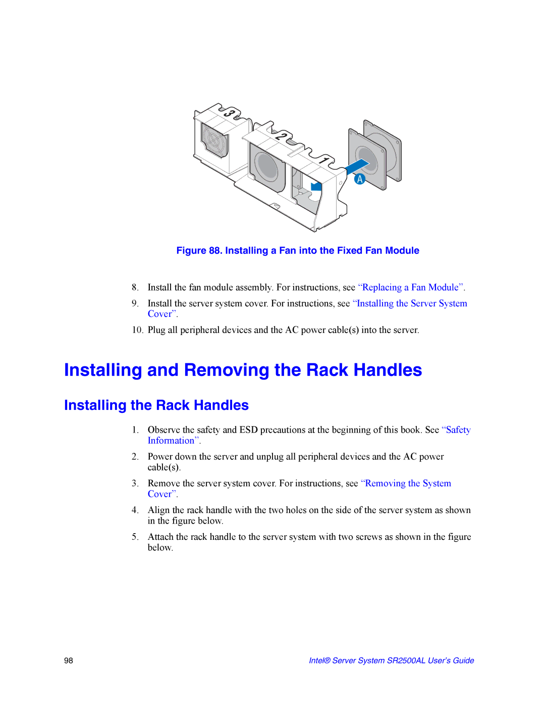 Intel SR2500AL manual Installing and Removing the Rack Handles, Installing the Rack Handles 