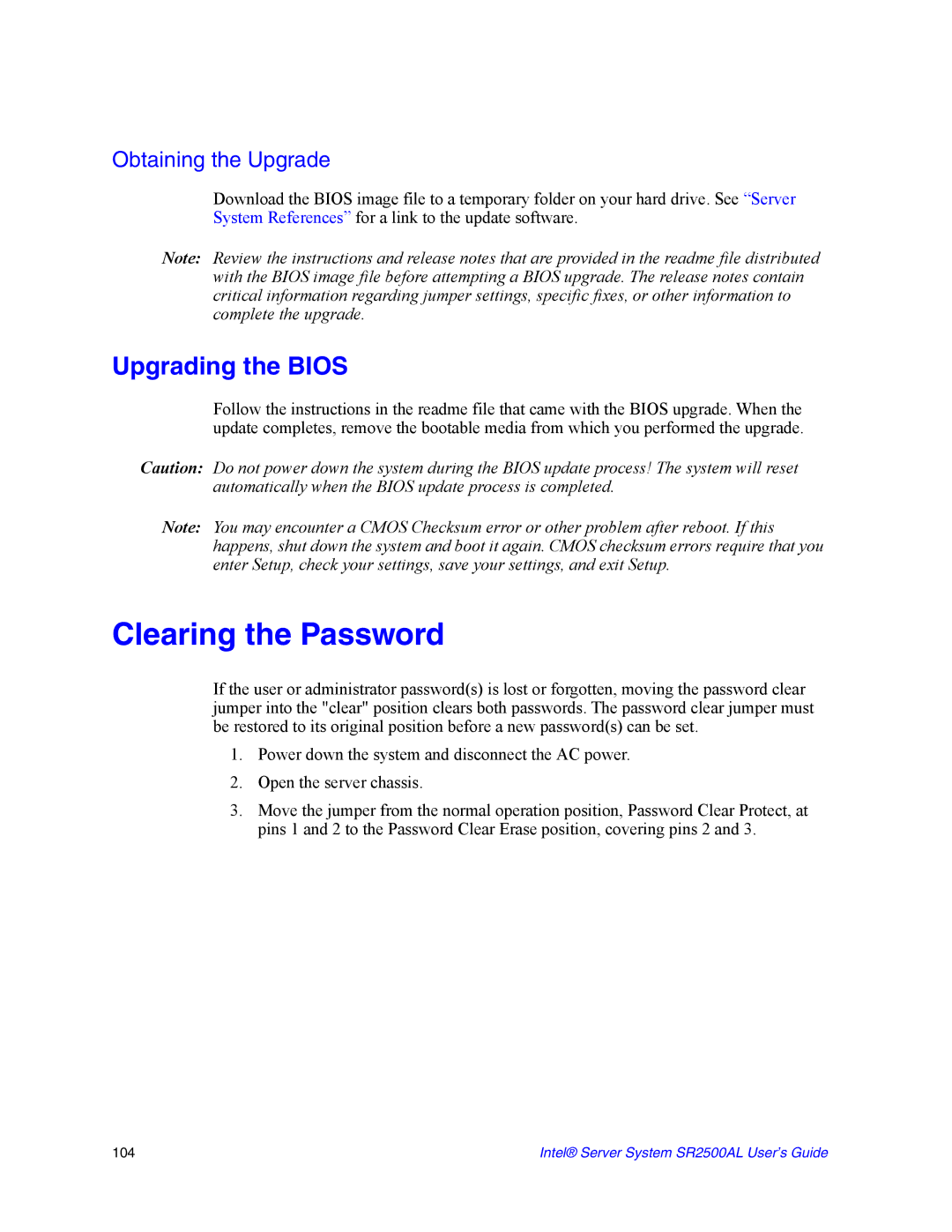 Intel SR2500AL manual Clearing the Password, Upgrading the Bios, Obtaining the Upgrade 