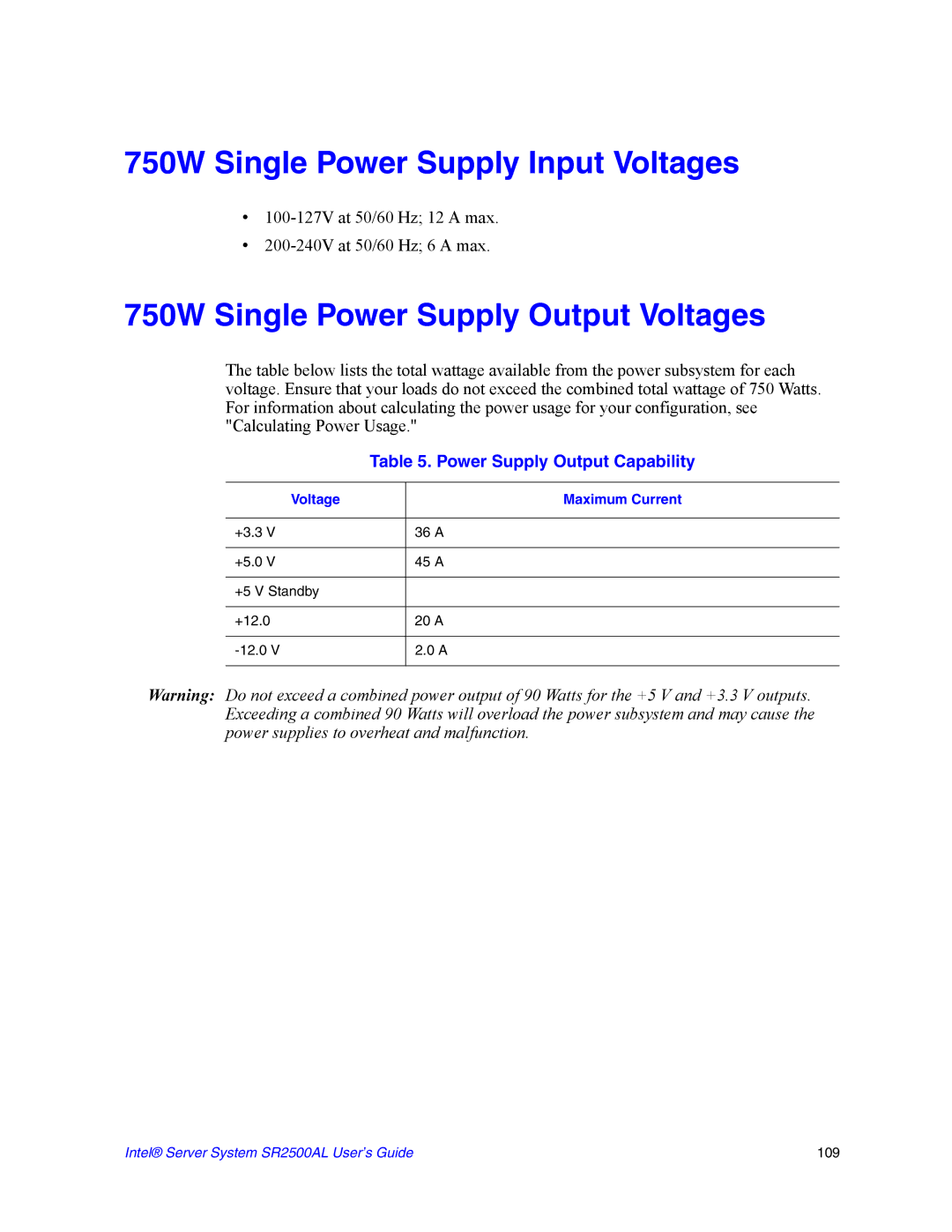 Intel SR2500AL 750W Single Power Supply Input Voltages, 750W Single Power Supply Output Voltages, Voltage Maximum Current 