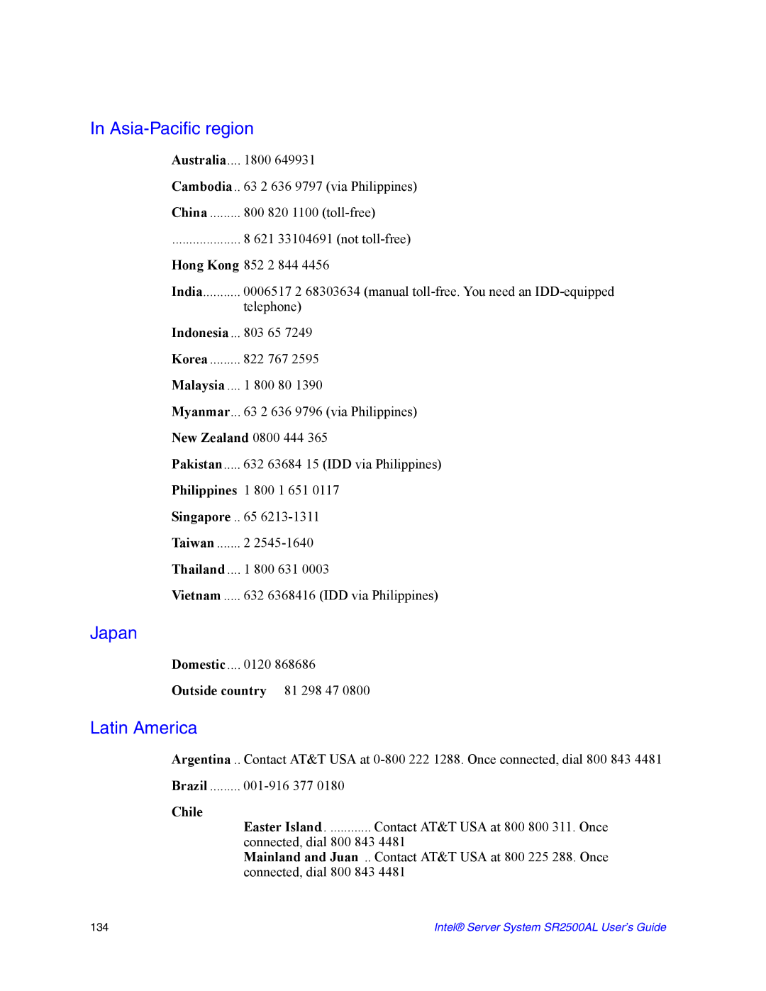 Intel SR2500AL manual Asia-Pacific region, Japan, Latin America 