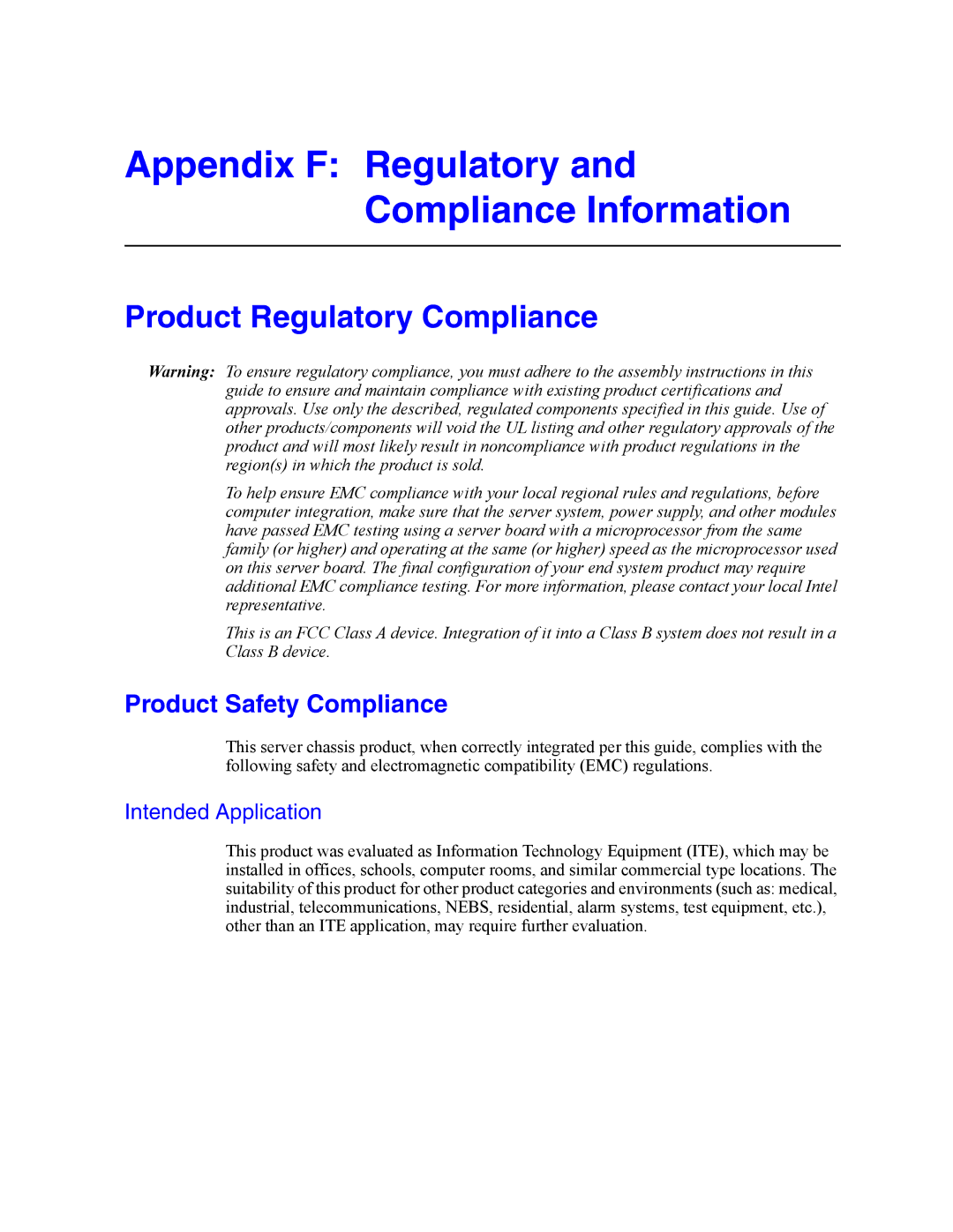 Intel SR2500AL Appendix F Regulatory and Compliance Information, Product Regulatory Compliance, Product Safety Compliance 