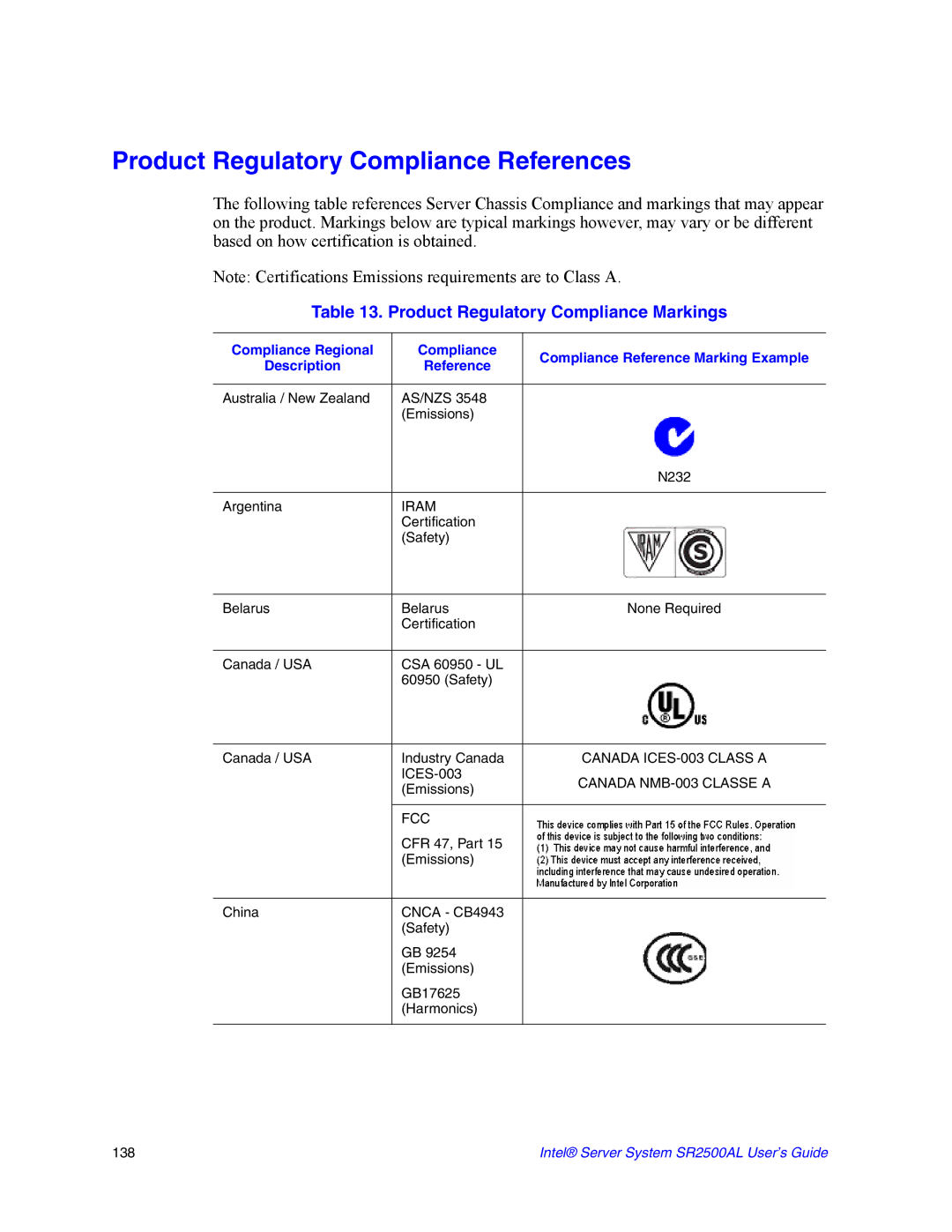 Intel SR2500AL manual Product Regulatory Compliance References, Product Regulatory Compliance Markings 