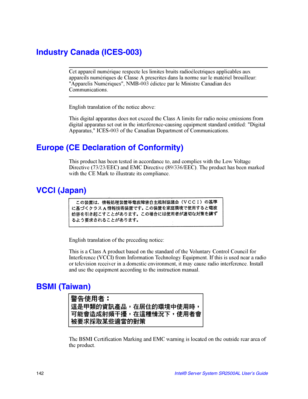 Intel SR2500AL manual Industry Canada ICES-003, Europe CE Declaration of Conformity, Vcci Japan, Bsmi Taiwan 