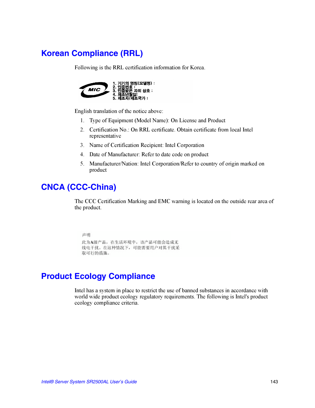 Intel SR2500AL manual Korean Compliance RRL, Cnca CCC-China, Product Ecology Compliance 