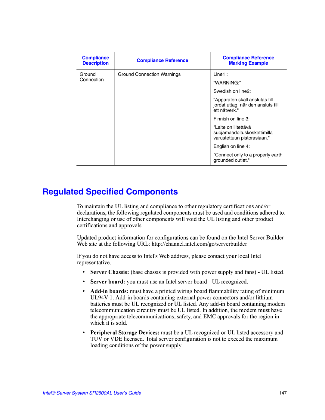 Intel SR2500AL manual Regulated Specified Components 