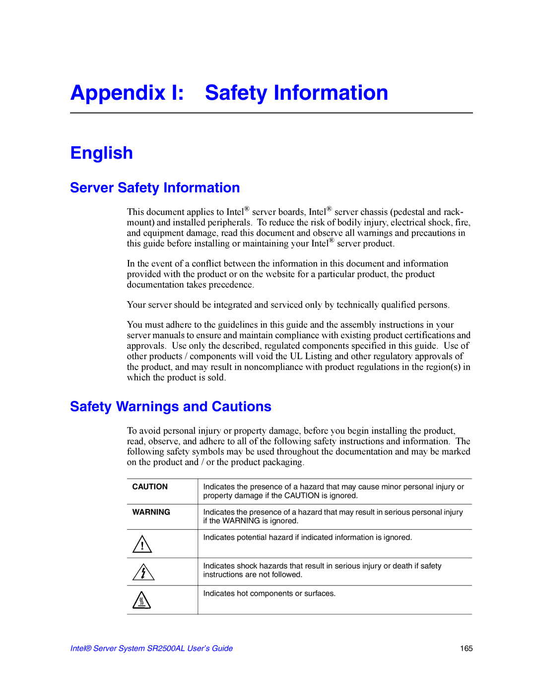 Intel SR2500AL manual Appendix I Safety Information, Server Safety Information, Safety Warnings and Cautions 