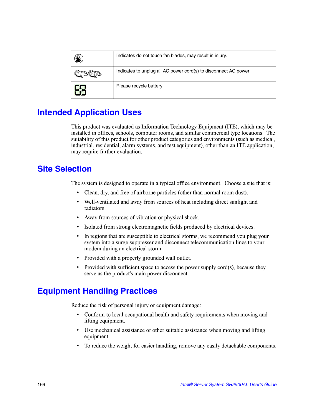 Intel SR2500AL manual Intended Application Uses, Site Selection, Equipment Handling Practices 