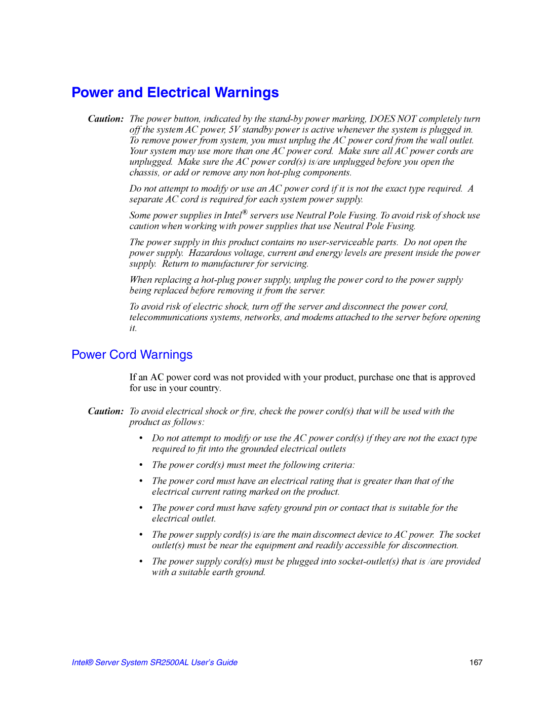 Intel SR2500AL manual Power and Electrical Warnings, Power Cord Warnings 