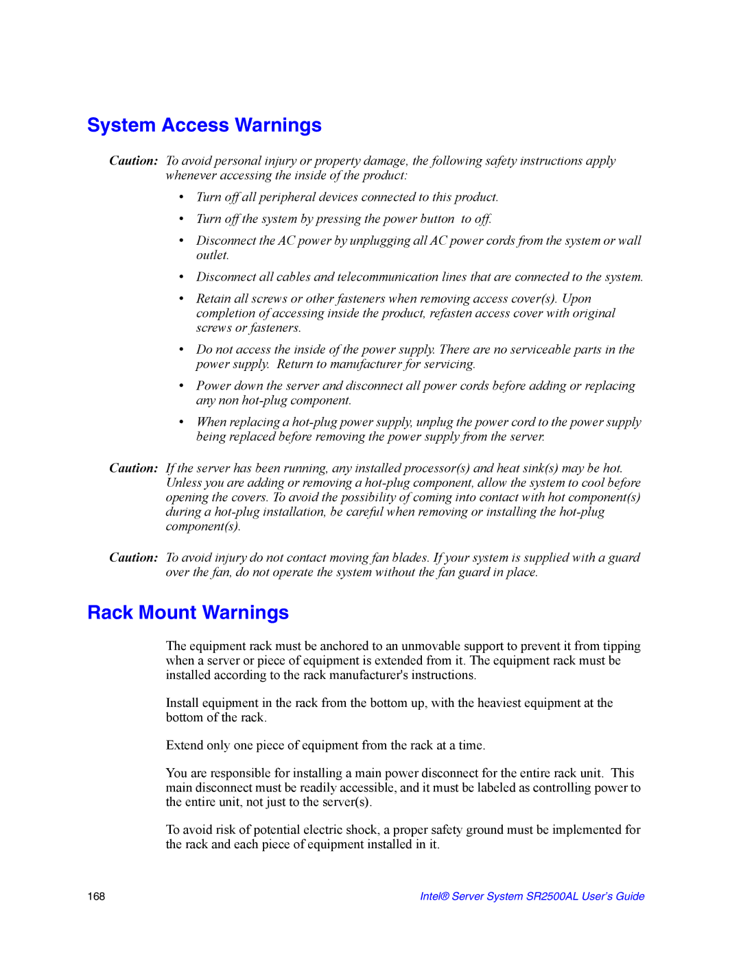 Intel SR2500AL manual System Access Warnings, Rack Mount Warnings 