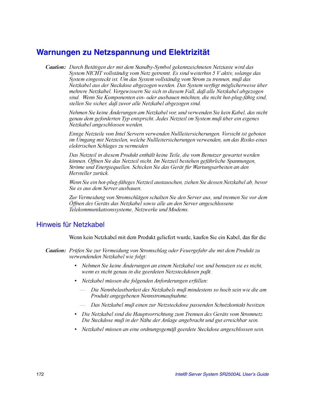 Intel SR2500AL manual Warnungen zu Netzspannung und Elektrizität, Hinweis für Netzkabel 