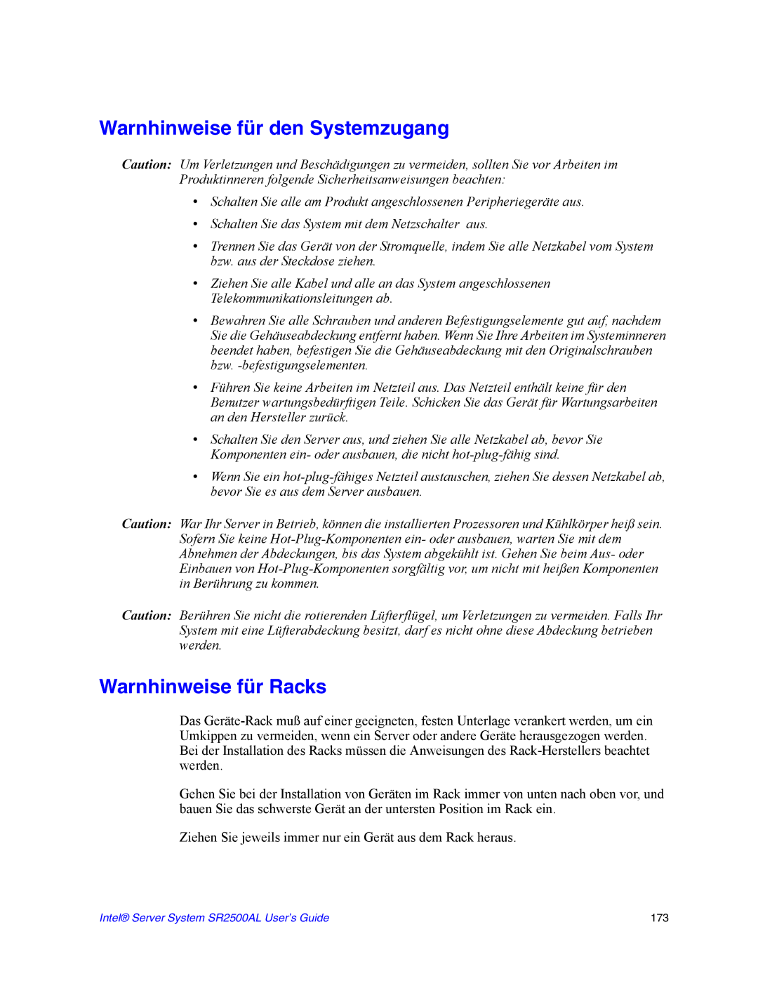 Intel SR2500AL manual Warnhinweise für den Systemzugang, Warnhinweise für Racks 