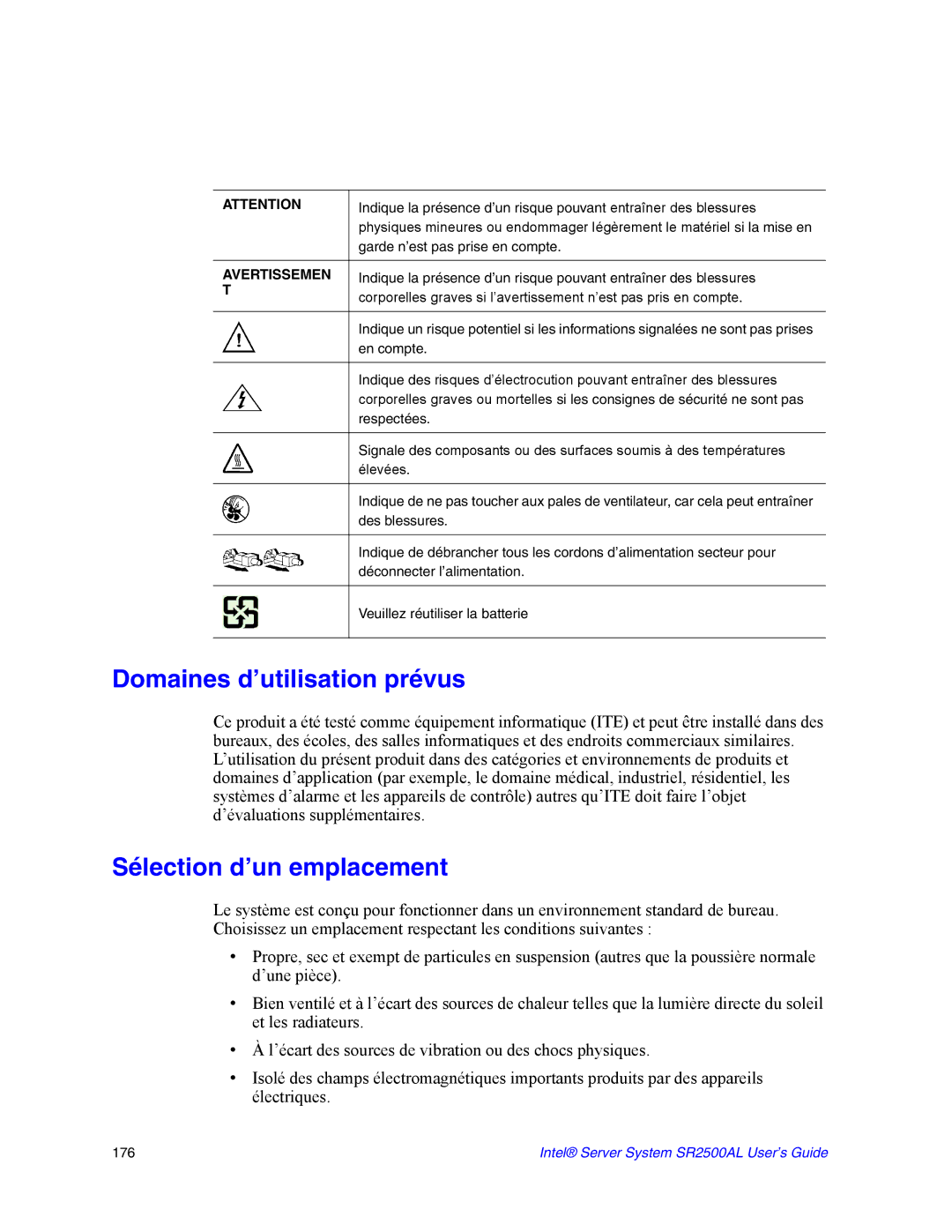 Intel SR2500AL manual Domaines d’utilisation prévus, Sélection d’un emplacement 