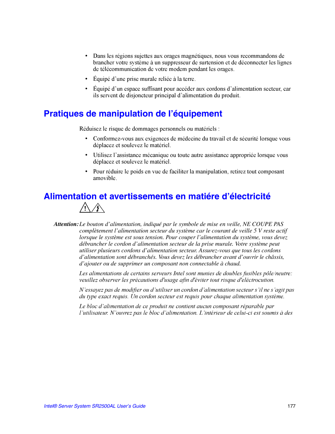 Intel SR2500AL manual Pratiques de manipulation de l’équipement, Alimentation et avertissements en matiére d’électricité 